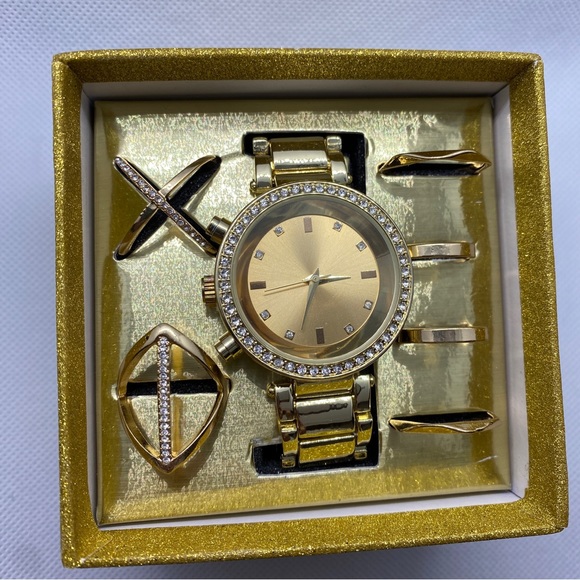 GOLD WATCH RING SET GIFT BOX MIDI RINGS BEAUTIFUL Women's Present Mother WIFE - Picture 9 of 9